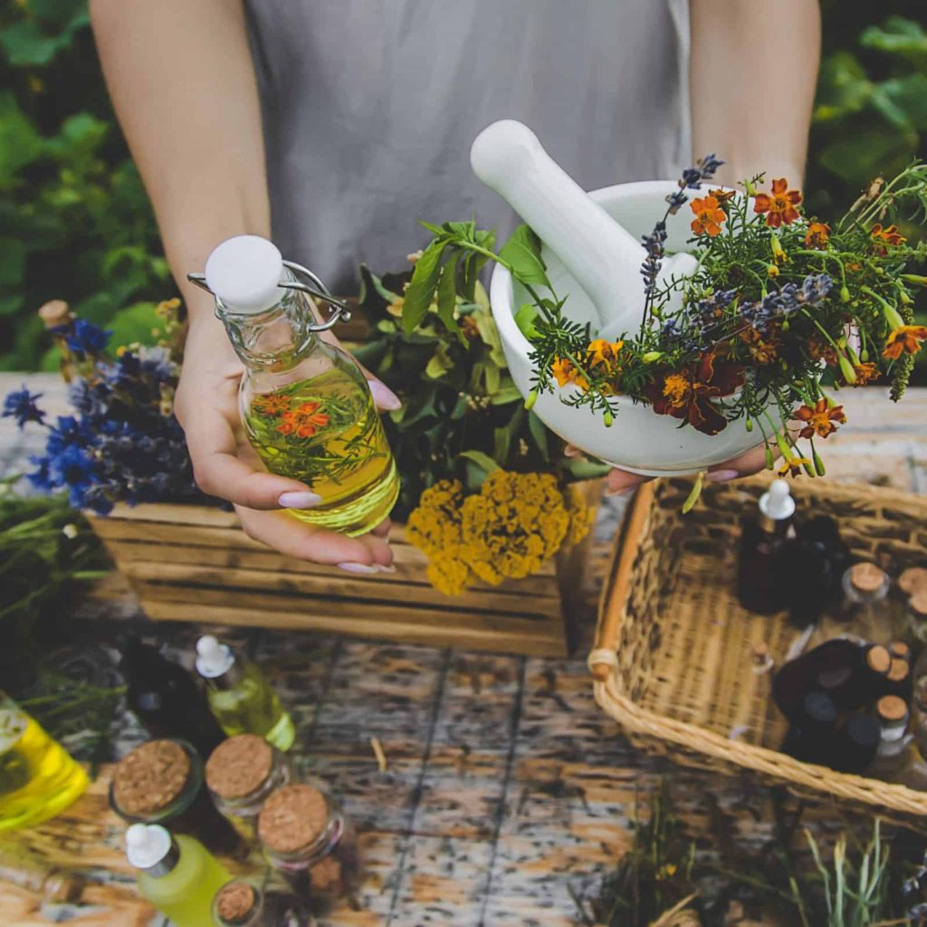 Medicinal herbs and natural tinctures. Selective focus. Nature.